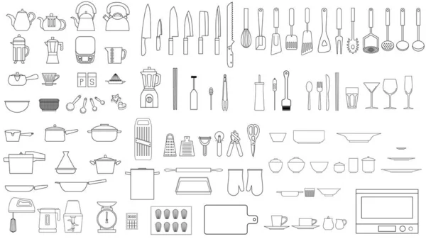 Sammlung Von Küchengeräten Und Küchenutensilien Ikonenmaterialien Die Mit Linienzeichnungen Gezeichnet — Stockvektor