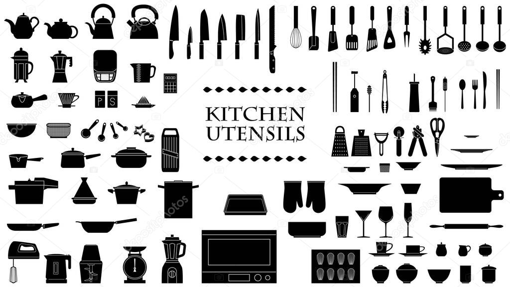 collection of 97 silhouette icon materials for kitchen utensils.