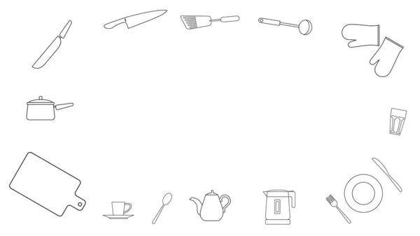 Рамка Кухонного Посуду Горизонтальному Розташуванні Малюнок Лінії Векторні Ілюстрації — стоковий вектор