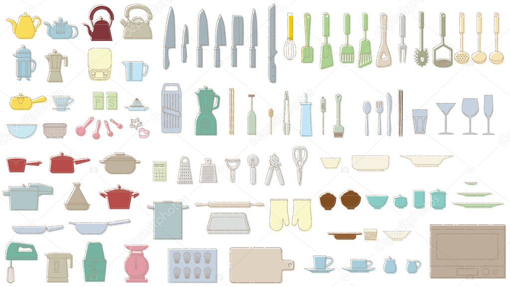 collection of 97 items of kitchen utensils and kitchen utensils icon materials with dashed lines and single color.