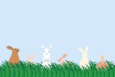 Çayırdaki altı tavşanın yılbaşı kartı çizimi.