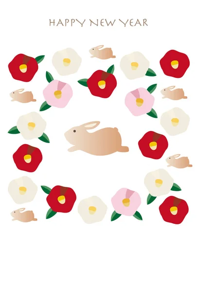 Illustration Camellia Flowers Running Rabbit — Stockvektor