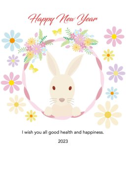 Illustration of a rabbit in a ribbon frame with floral decoration, with flowers around the frame.