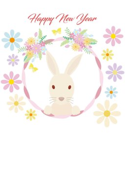 Illustration of a rabbit in a ribbon frame with floral decoration, with flowers around the frame.
