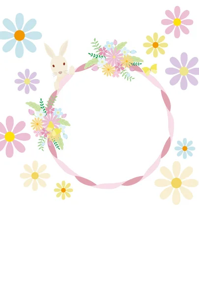 Illustration Rabbit Flowers Ribbon Floral Decorations Photo Frame — Vector de stock