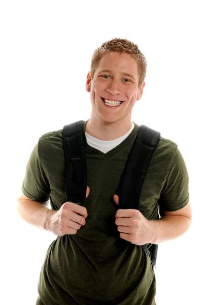 Studentin mit breitem Lächeln hält Büchertasche in der Hand — Stockfoto