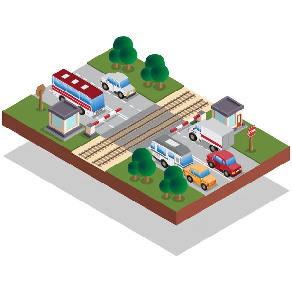 Cruce Del Ferrocarril Isométrico Aislado Sobre Fondo Blanco Ilustración Vectorial — Vector de stock