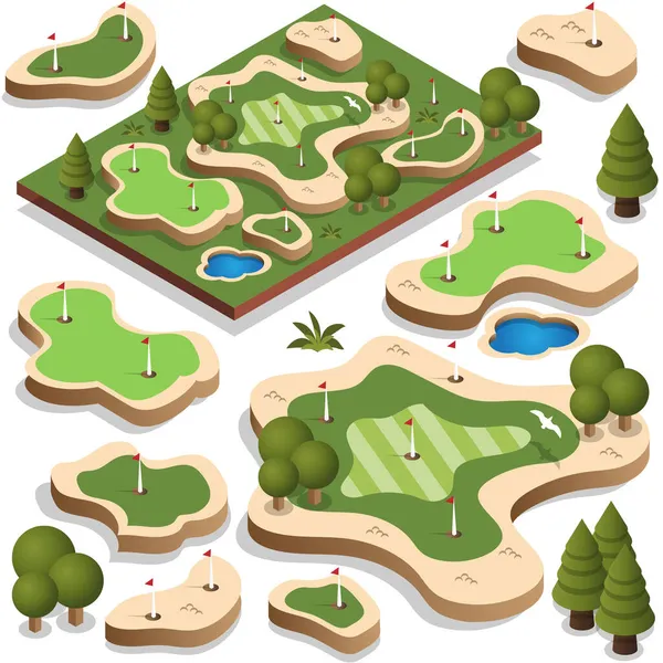 Conjunto Elementos Para Campo Golf Isométrico Ilustración Vectorial — Archivo Imágenes Vectoriales