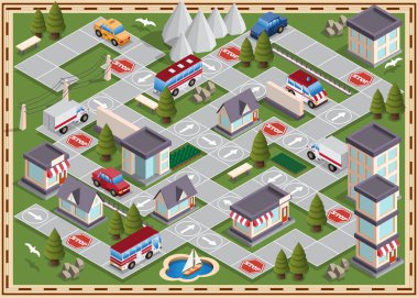 Şehir manzarası. Masa oyunu. Isometric. Vektör illüstrasyonu.