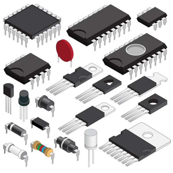 A set of electronic components. Isometric. Isolated on white background. Vector illustration.