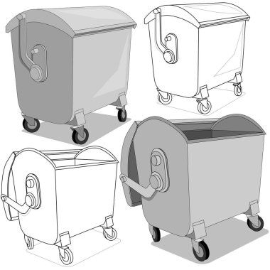 Bir çöp kutusu seti. Beyaz arka planda izole edilmiş. Vektör illüstrasyonu.