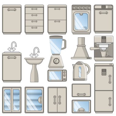 Mutfak eşyaları. Beyaz arka planda izole edilmiş. Vektör illüstrasyonu.