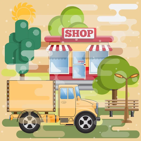 Tienda Entrega Vista Lateral Antecedentes Ilustración Vectorial — Archivo Imágenes Vectoriales