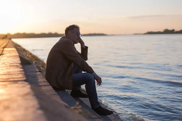 Lonely Man Sitting Stairs Next River Bank — Stock Photo, Image