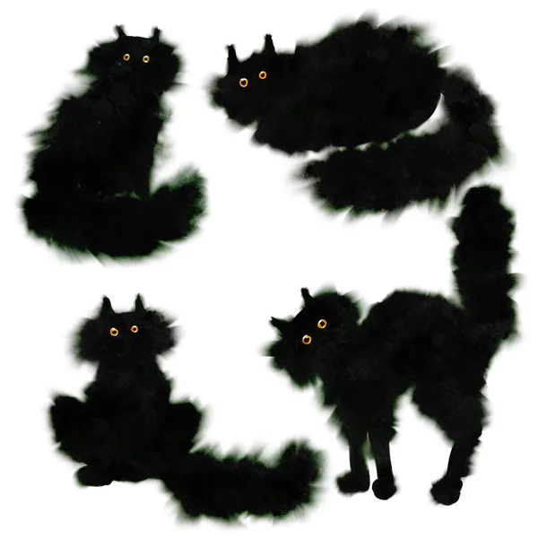 Fluffy Black Cat Watercolor Black Ink Illustration Set Cartoon Bristle — Foto de Stock