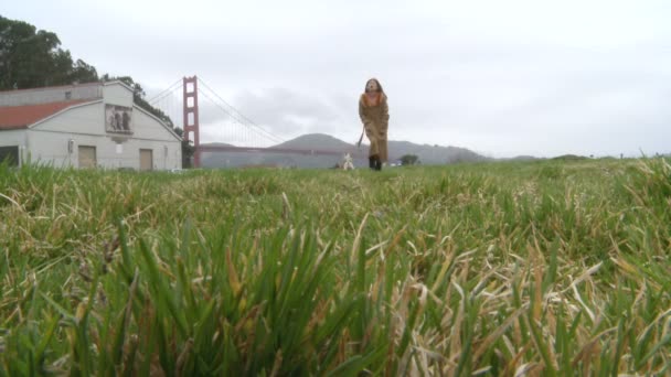 Flicka med en valp golden gate-bron — Stockvideo