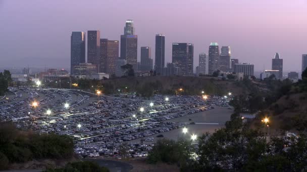 Los Angeles City Skyline with Dodger Stadium Parking Lot. — Stock Video