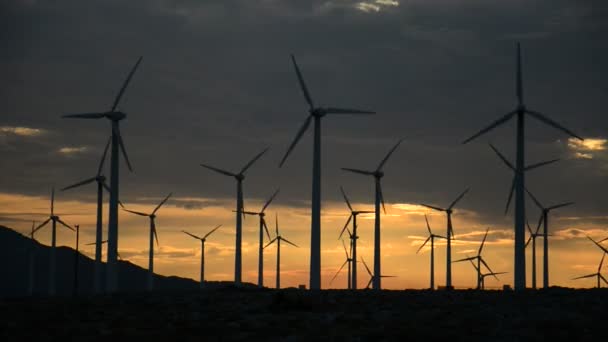 Moulins à vent électriques dans le désert de Californie au coucher du soleil — Video