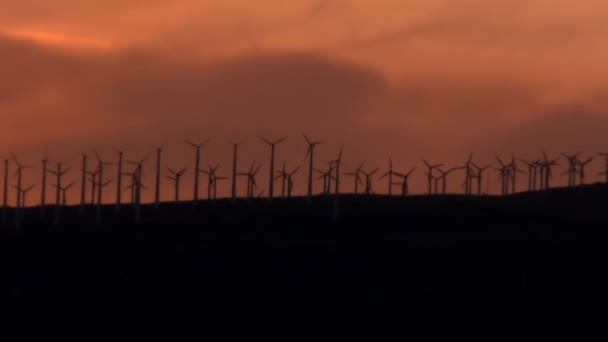 Zoomt uit windmolens bij zonsondergang — Stockvideo