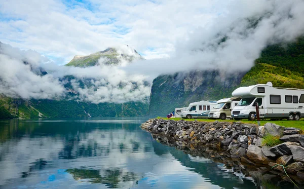 Motorhomes at Norwegian campsite Royalty Free Stock Images