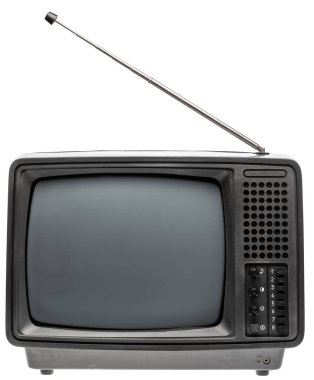 Beyaz zemin üzerinde izole edilmiş klasik taşınabilir siyah-beyaz CRT TV alıcısı. Retro teknoloji kavramı