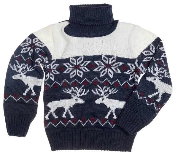 儿童针织的温暖的季节性圣诞套头毛衣 亦称丑毛衣 配有鹿和雪片装饰 白色背景隔离 — 图库照片