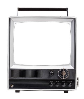 Beyaz zemin üzerinde izole ekran kesilmiş siyah ve beyaz renkli klasik taşınabilir CRT televizyon setinin ön paneli. Retro TV teknolojisi kavramı