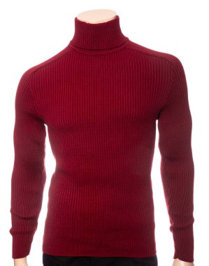 Burgundy uzun kollu polo kazağı ördü beyaz bir arka planda izole edilmiş mankene.