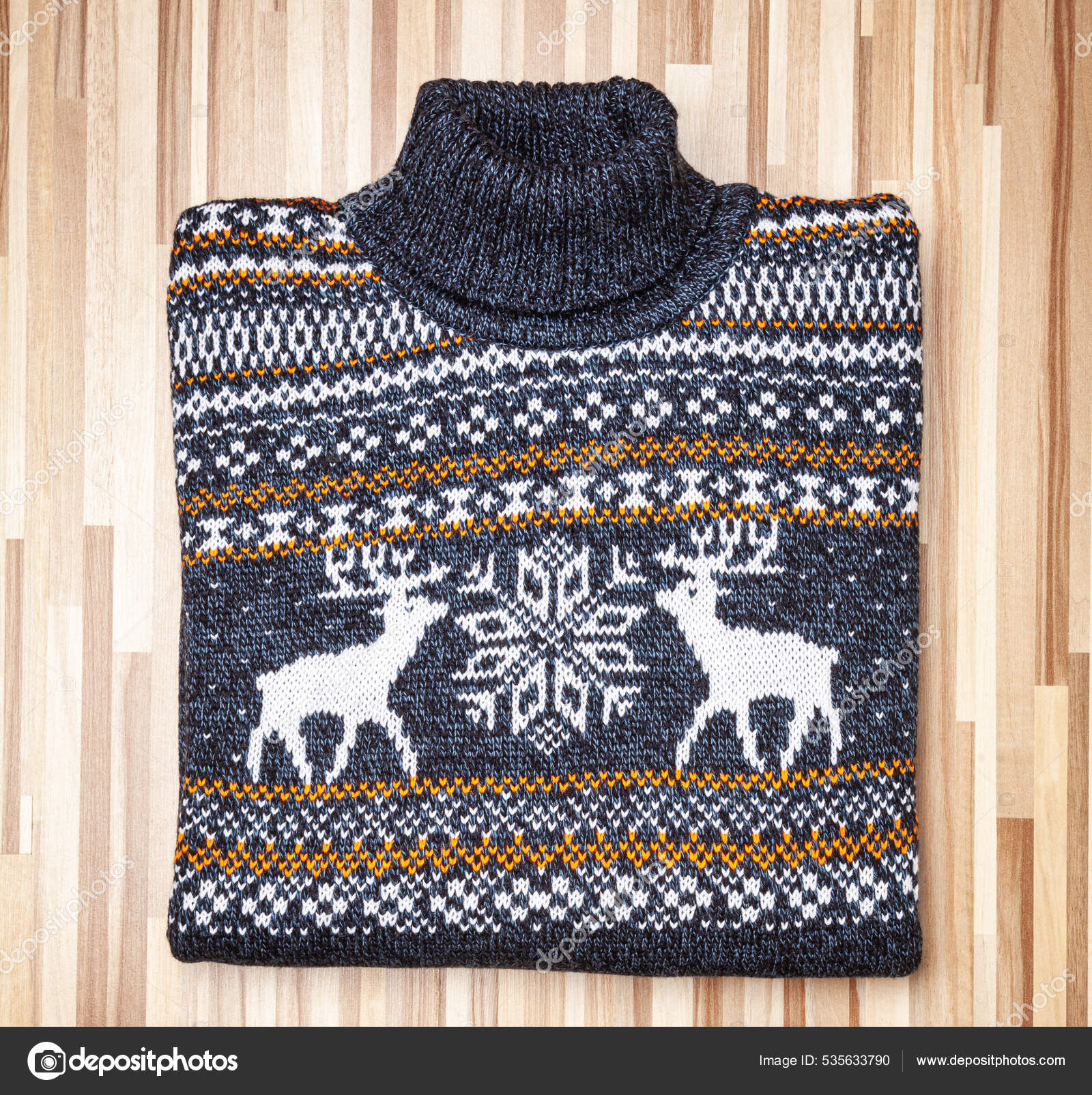 Blue Knitted Christmas Turtleneck Sweater Moose Elk Geometric
