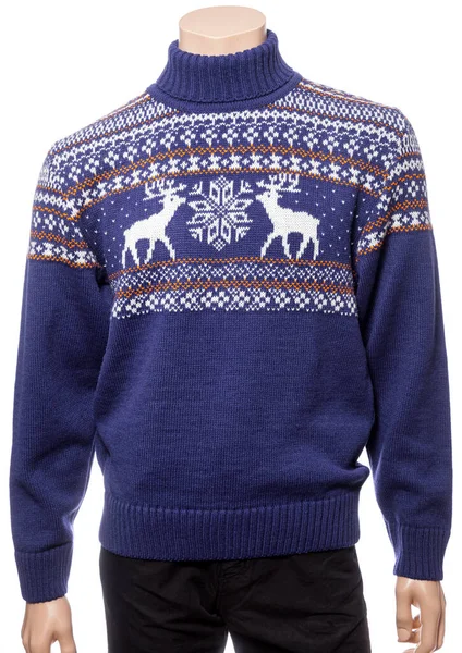 Blue Trendy Color Year 2022 Knitted Christmas Turtleneck Sweater Nordic — Stock Photo, Image