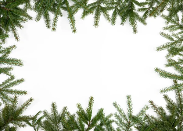 Simple Christmas Frame Made Fir Branches White Background — Stock Photo, Image