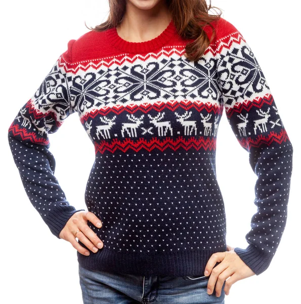 Comfortable Warm Woman Knitted Scandinavian Style Wool Sweater Norwegian Knitted — Stock Photo, Image