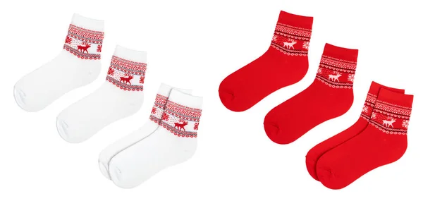Een Paar Rode Witte Sokken Noordse Stijl Met Noors Gebreid — Stockfoto
