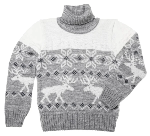 儿童针织的温暖的季节性圣诞套头毛衣 亦称丑毛衣 带有鹿形饰品 背景为白色 — 图库照片