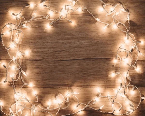 Vintage Cadre Lumières Noël Sur Fond Bois — Photo