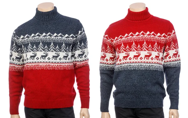 Blue Red Knitted Christmas Turtleneck Sweater Traditional Design Moose Elk — Stock Photo, Image