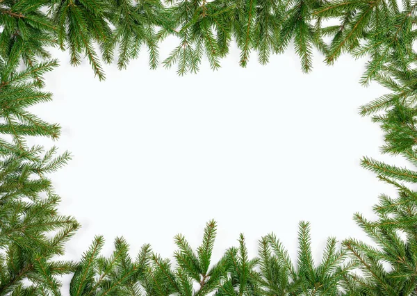 Simple Christmas Frame Made Fir Branches White Background — Stock Photo, Image