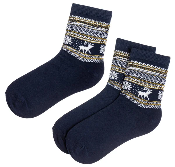 Dvojice Modrých Ponožek Severského Stylu Norským Pleteným Vzorem Izolované Bílém — Stock fotografie