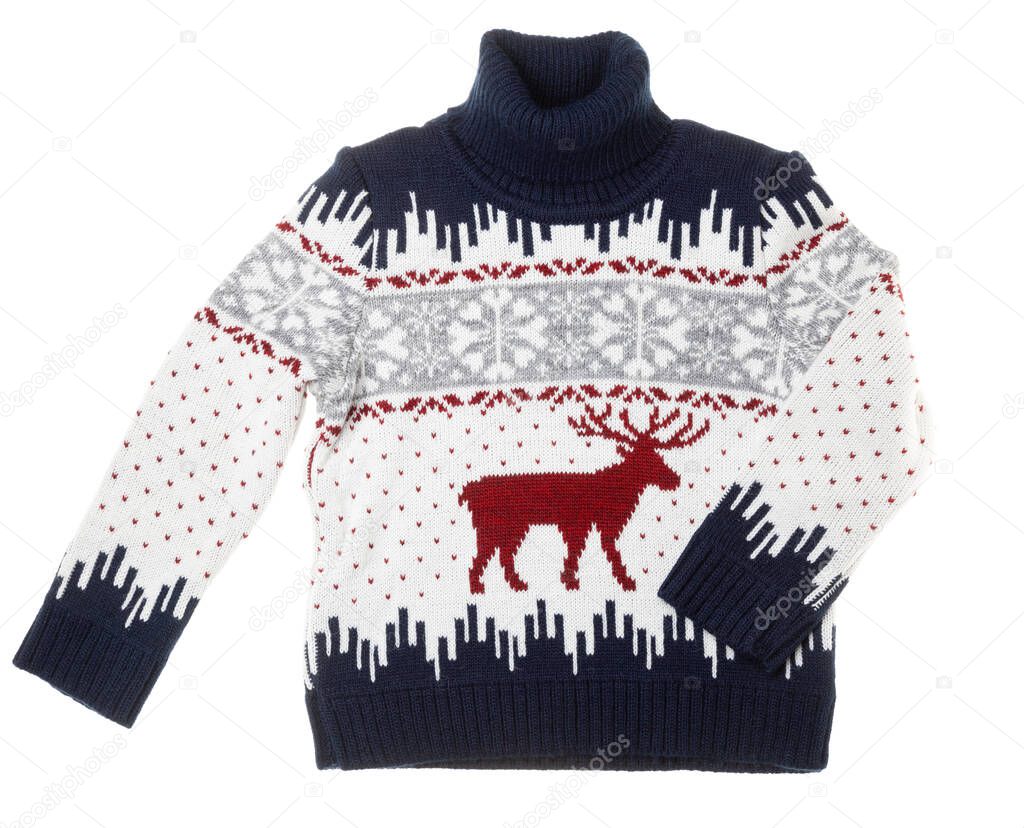 Children's knitted warm seasonal Christmas turtleneck jumper aka Ugly sweater with deer ornament isolated on white background