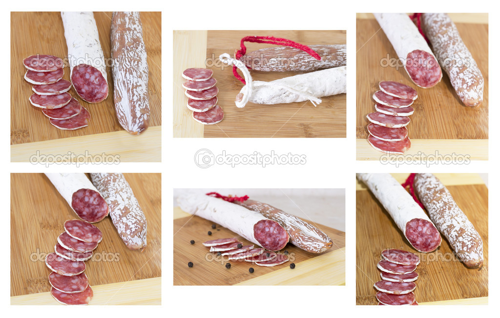Culinary traditional spanish sausages on wooden background.