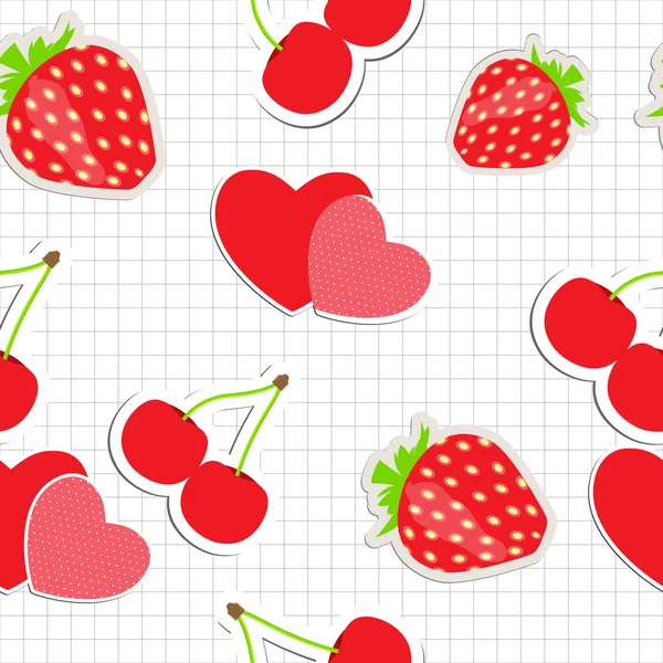 Modello senza cuciture con cuore, ciliegia, fragola. Vettore illustrativo — Vettoriale Stock