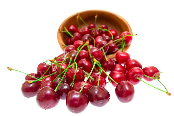 Cherry in wooden bowl isolated on white background — Stock Photo, Image