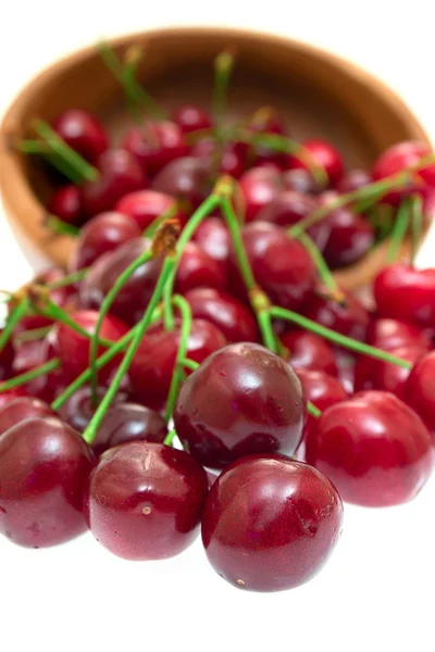 Cherry in wooden bowl isolated on white background — Stock Photo, Image