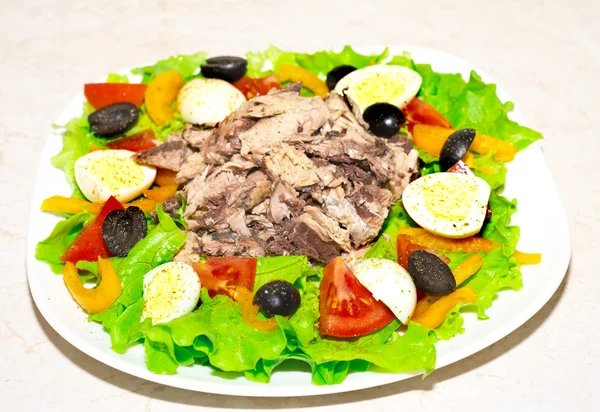 Delicious salad with tuna, tomatoes, eggs, olives and peppers — Stock Photo, Image