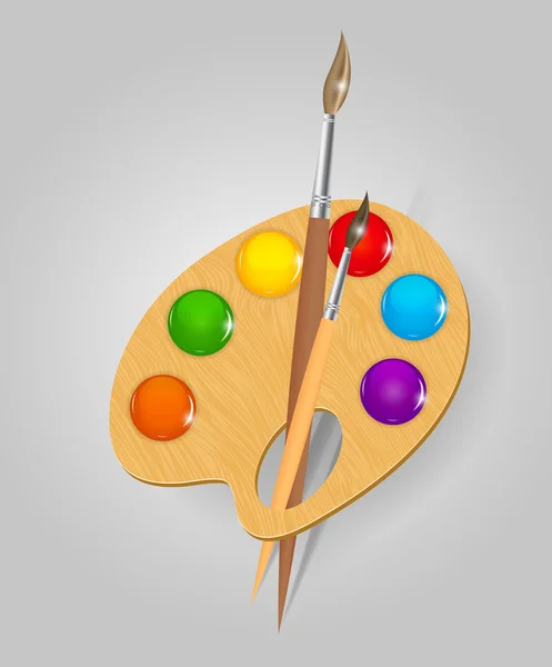 Paleta de arte de madera con pinturas y bruscos — Vector de stock