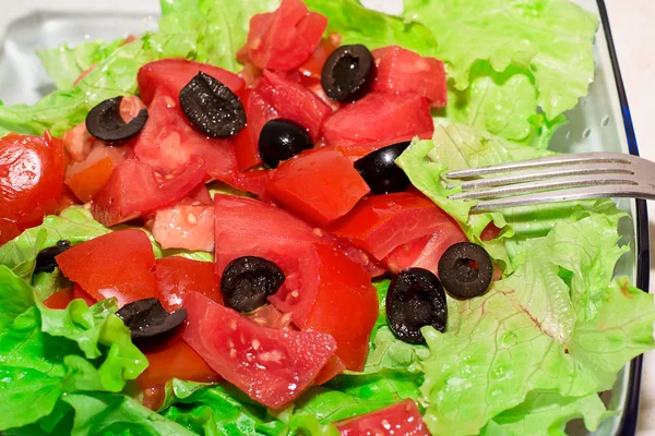 Heerlijke salade met olijven, tomaten en paprika 's. — Stockfoto