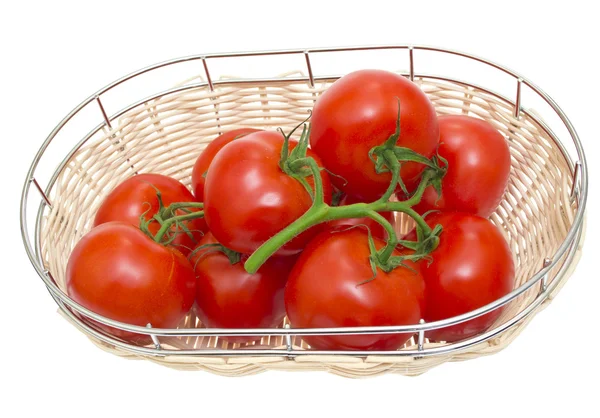 The branch of cherry tomatoes in a wooden bowl, isolated on whit — Stock Photo, Image