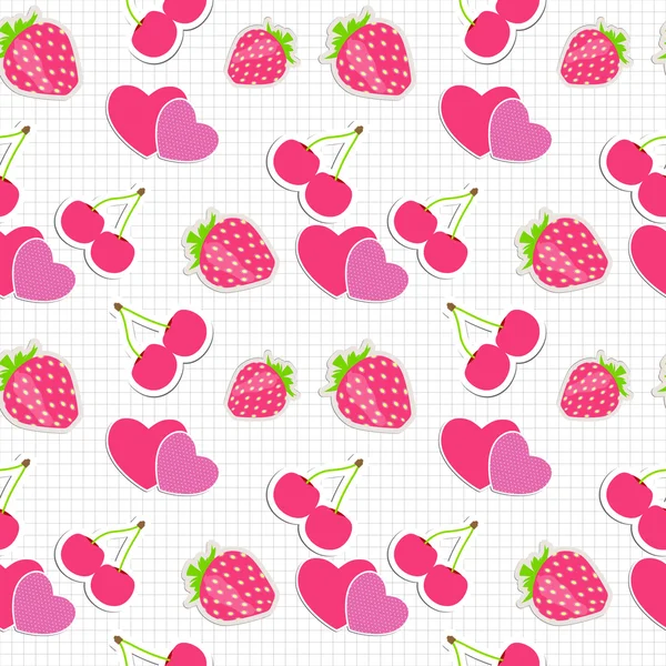 Varrat nélküli mintát szív, cseresznye, eper. Vektor Illustra-hoz — Stock Vector