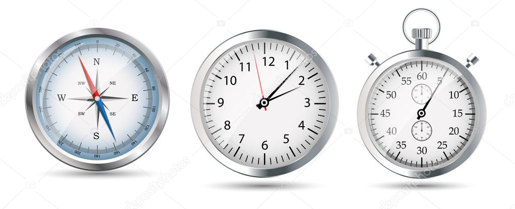 Glossy Compass, watch and stopwatch set. Vector Illustration.