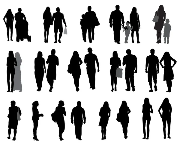 Reihe von Silhouetten wandelnden Menschen und Kindern. Vektorillustration. — Stockvektor